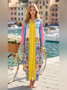Colorblock & Tile Print Long Shirt Dress — Yellow, Blue, Pink